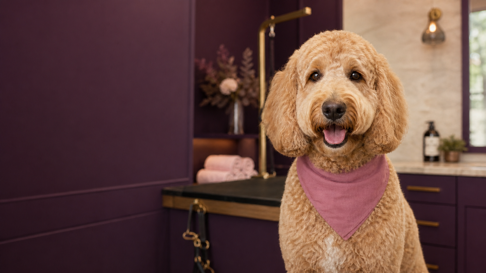 Freshly groomed apricot doodle in a calm boutique grooming salon